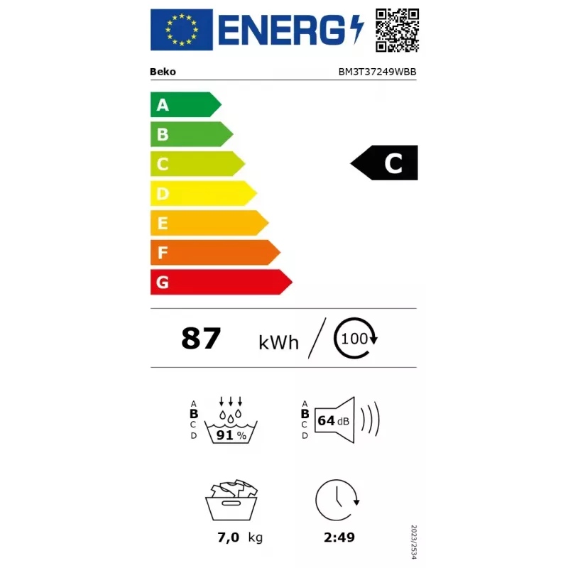 BEKO Wäscheständer | BM3T37249WBB | Energieeffizienzklasse C | Frontlader | 7 kg | Digital | Tiefe 54,5 cm | Weiß