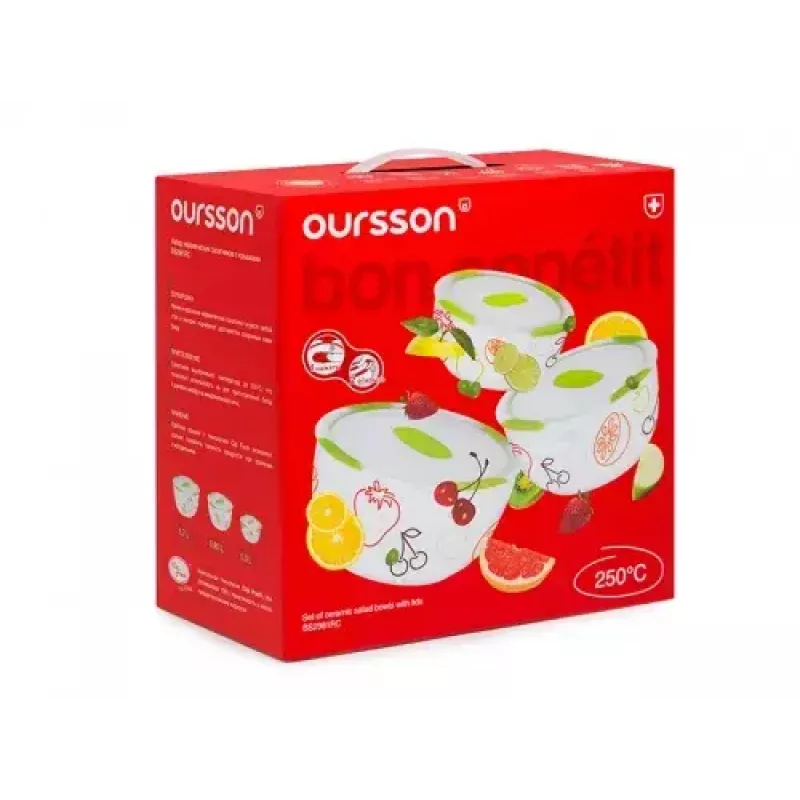 Oursson BS2981RD/GA Salatschüssel-Set aus Keramik, Grüner Apfel