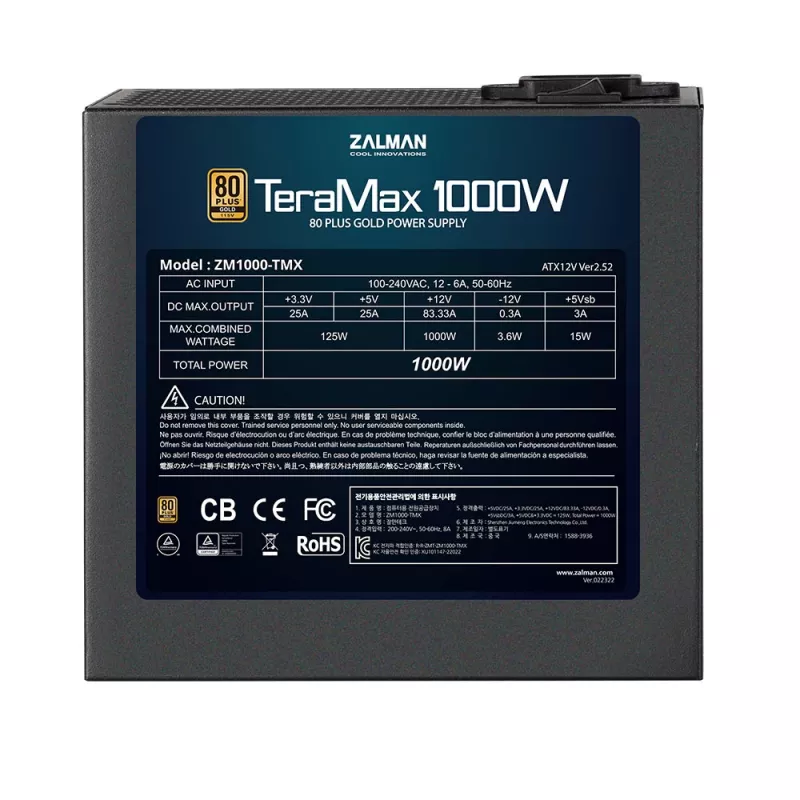 Zalman ZM1200-TMX 1200-W-Netzteil, 80 PLUS Gold, aktive PFC, 120-mm-Lüfter