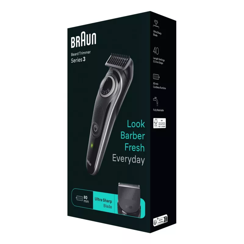 Braun BeardTrimmer 3 Barttrimmer 3 BT3440, waschbar, Batterie, Schwarz