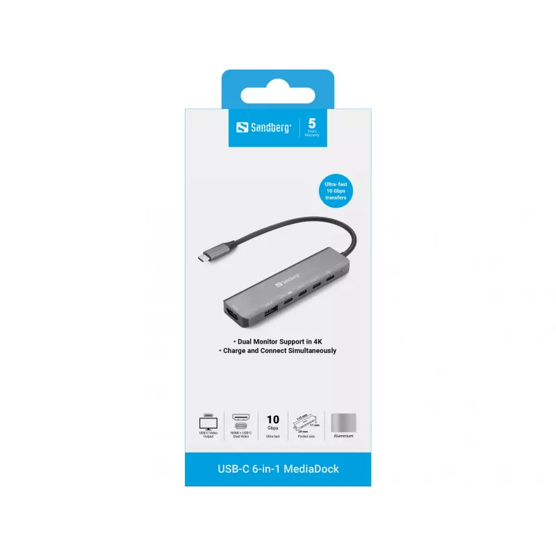 Sandberg 136-77 USB-C 6-in-1 MediaDock Dockingstation, HDMI + USB-C Video, Dual 4K@60Hz, USB-A/USB-C 10 Gbps, PD 100W, Aluminium