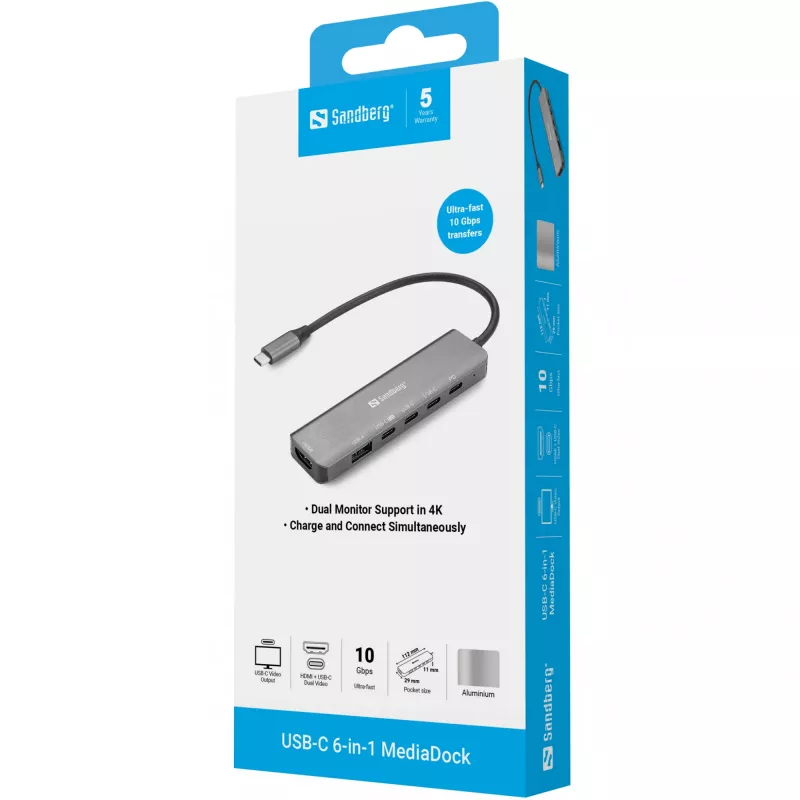 Sandberg 136-77 USB-C 6-in-1 MediaDock Dockingstation, HDMI + USB-C Video, Dual 4K@60Hz, USB-A/USB-C 10 Gbps, PD 100W, Aluminium