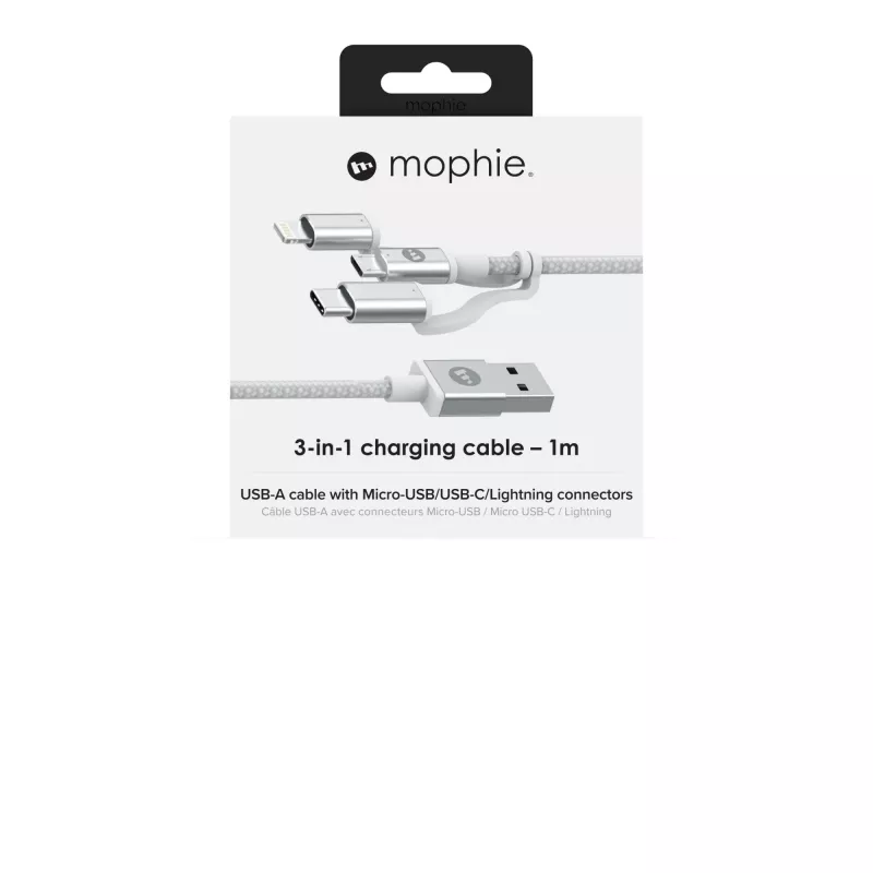 mophie Lade- und Sync-Kabel – USB-A auf Micro/USB-C/LTG – 1 m – Weiß