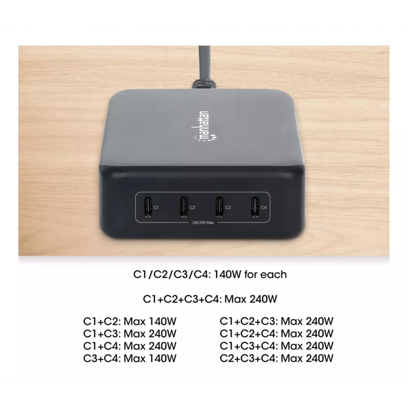 Manhattan 102667 4-Port-GaN-USB-Power-Delivery-Ladestation, 240 W