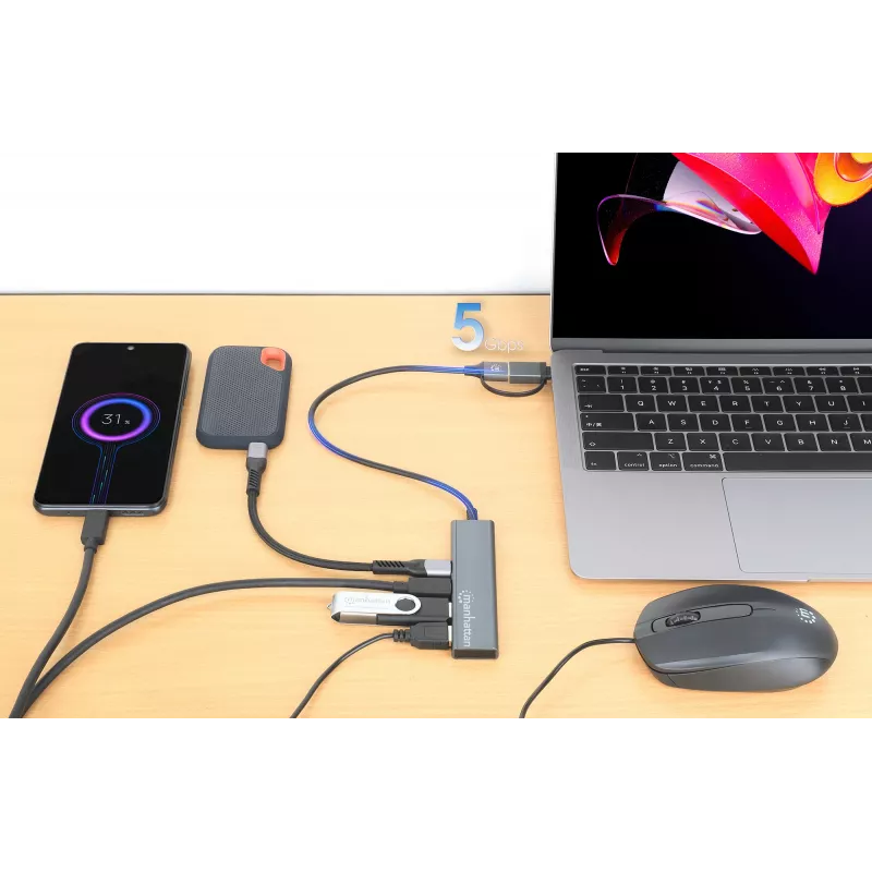 USB-C & USB-A Combo Dock/Hub Manhattan 4 Ports 5 Gbps Aluminium