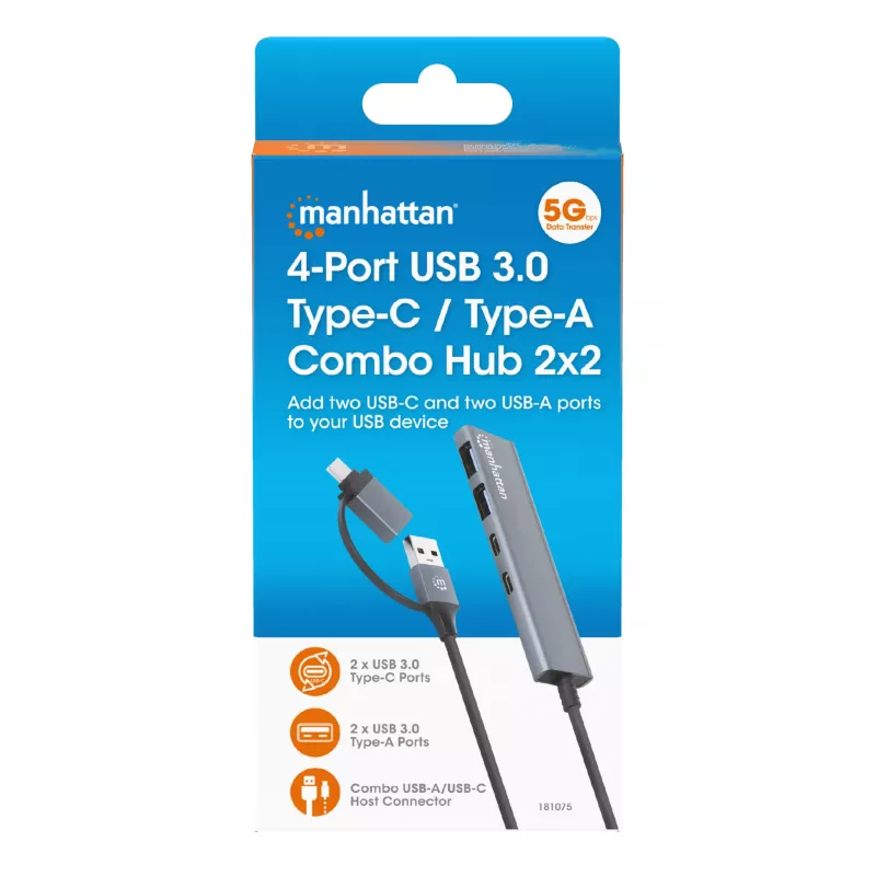 USB-C & USB-A Combo Dock/Hub Manhattan 4 Ports 5 Gbps Aluminium