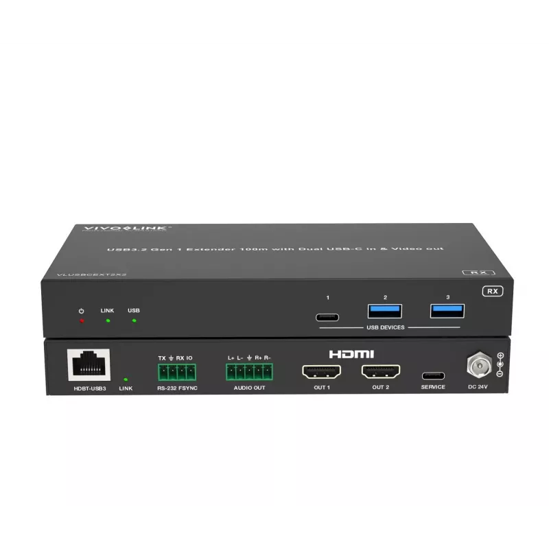 VivoLink VLUSBCEXT2X2 USB-3.2-Gen-1-Extender, 100 m, Dual-USB-C-Eingang und Video