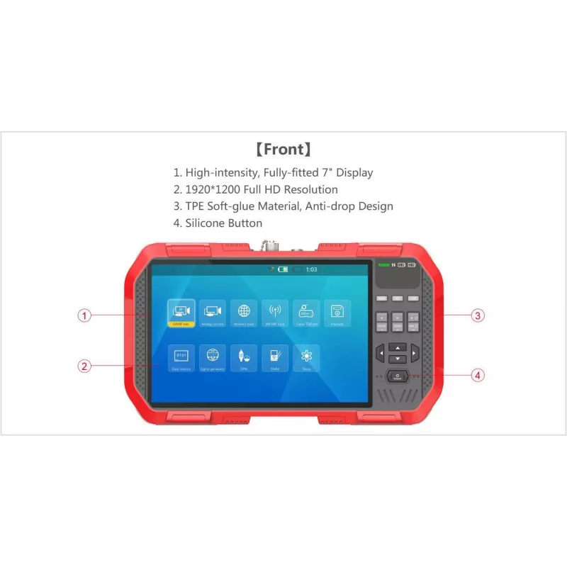 Ernitec 0070-24107-TESTER CCTV-Testmonitor, 17,8 cm (7 Zoll), Touchscreen, 4K, Handschlaufe, Grau/Rot