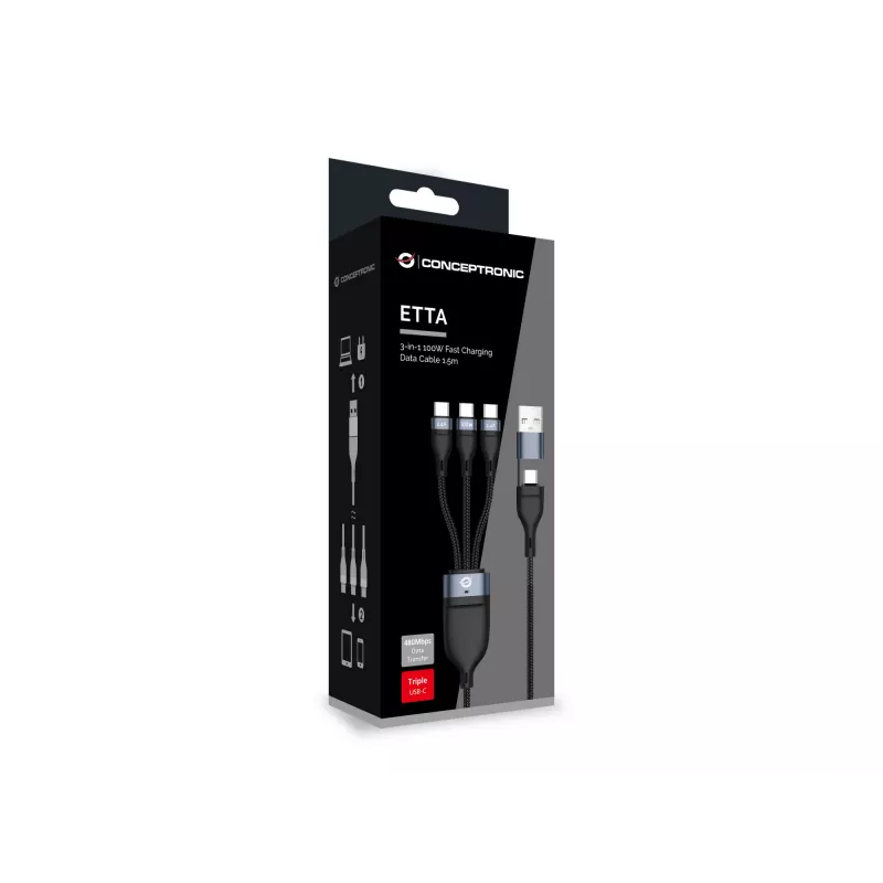 Conceptronic ETTA06B15C 3-in-1 100 W Schnellladedatenkabel 1,5 m, dreifach USB-C, USB 2.0, E-Mark