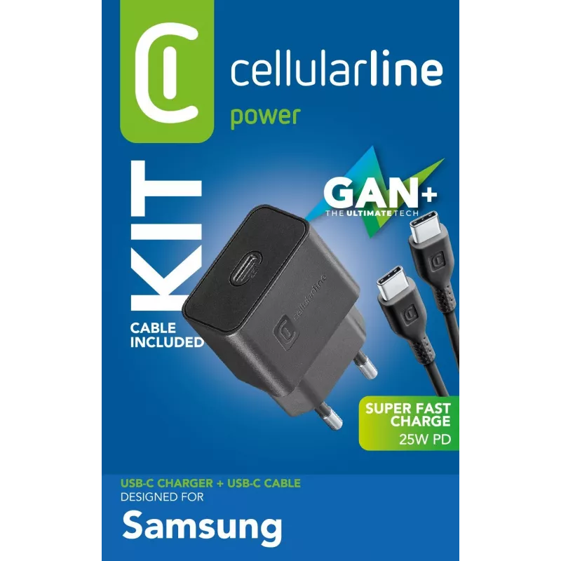 Cellularline Super Fast Charger Kit 25W - USB-C auf USB-C - Samsung 25W Super Fast Charge PD Netzteil mit USB-C auf USB-C Kabel