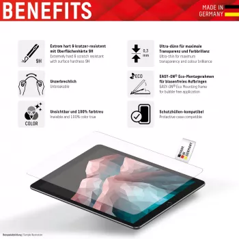 Displex Tablet Glass (9H) für Apple iPad Pro 11'' (1./2./3./4. Gen.)/Air (4./5. Gen.), Eco Montagerahmen, unzerbrechlich, ultraflach, unsichtbar