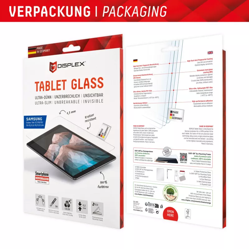 Displex Tablet Glass (9H) für Samsung Galaxy Tab S7/S8/S9/S9 FE/S10 FE/S10 Lite, Eco Montagerahmen, unzerbrechlich
