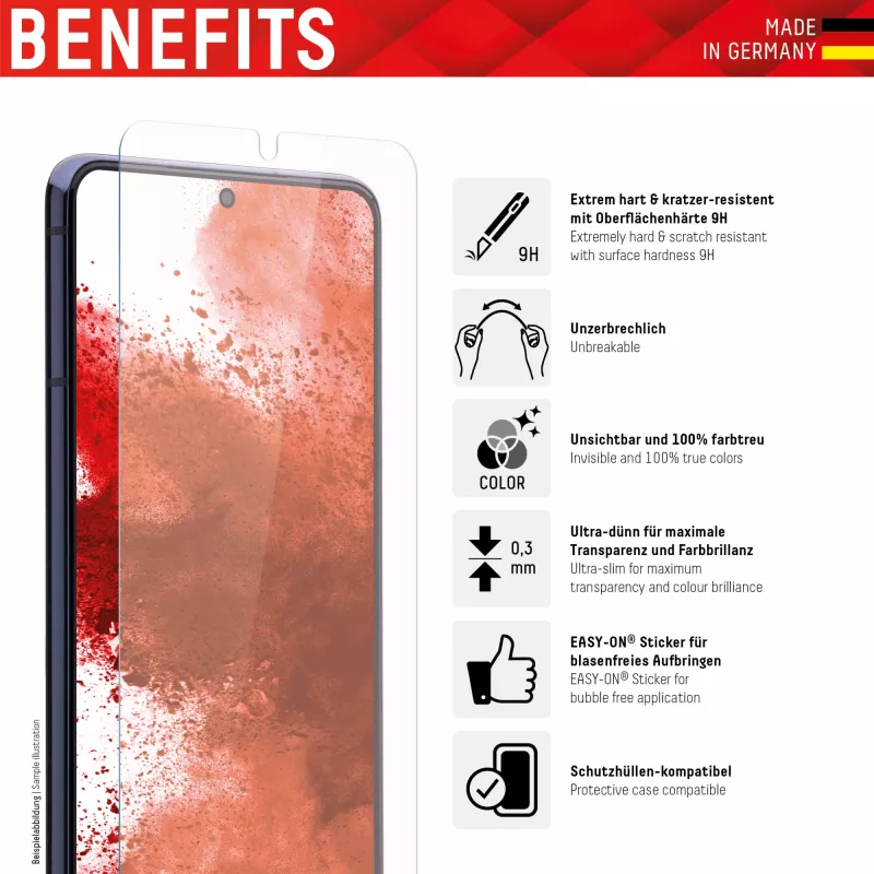 Displex Smart Glass (9H) für Samsung Galaxy S22, Montageaufkleber, unzerbrechlich, ultraflach, unsichtbar