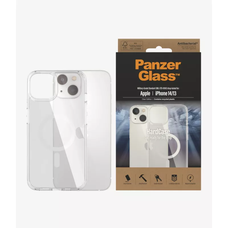 PanzerGlass HardCase MagSafe 0409 Hülle für Apple iPhone 14/13, 6,1 Zoll (15,5 cm), recyceltes TPU, antibakteriell, transparent