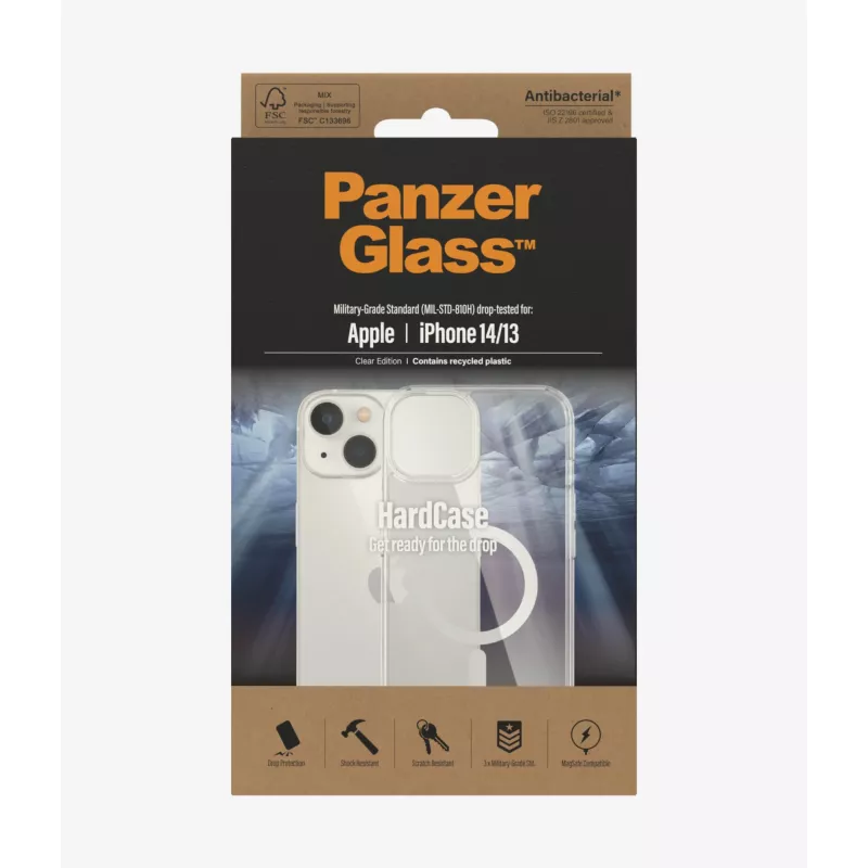 PanzerGlass HardCase MagSafe 0409 Hülle für Apple iPhone 14/13, 6,1 Zoll (15,5 cm), recyceltes TPU, antibakteriell, transparent