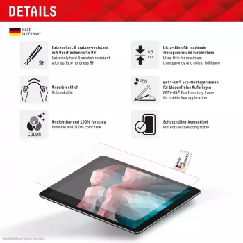 Displex Tablet Glass (9H) für Apple iPad Pro 11'' (2025/2024), Eco Montagerahmen, unzerbrechlich, ultraflach, unsichtbar