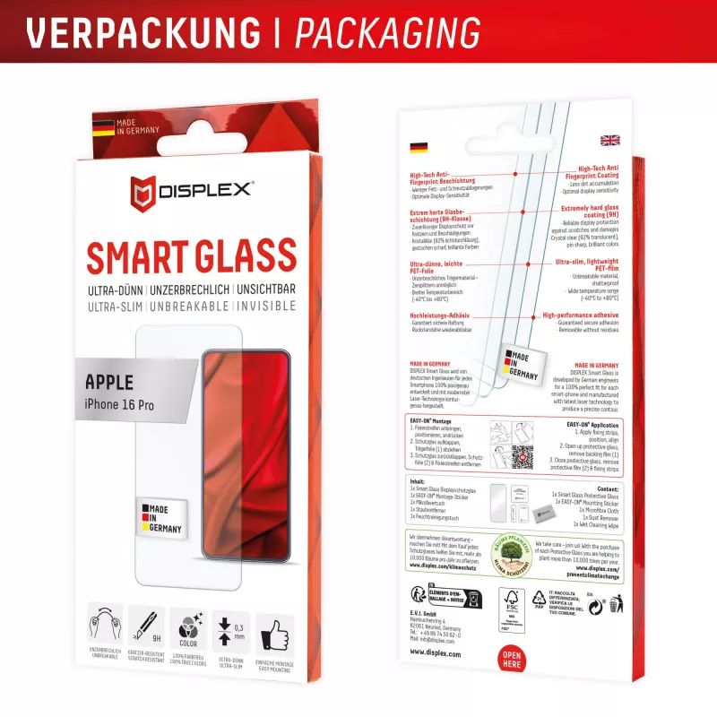 Displex Smart Glass (9H) für Apple iPhone 16 Pro, Montageaufkleber, unzerbrechlich