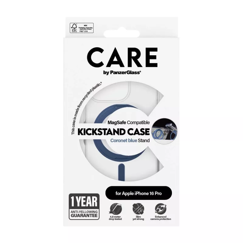 PanzerGlass CARE Feature Case 1317 Hülle für iPhone 16 Pro, mit Aufsteller und MagSafe, Transparent Blau