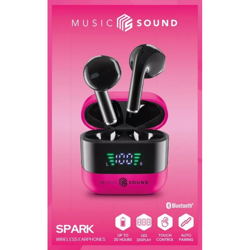 Music Sound SPARK Auricolare TWS con Display LED, True Wireless Stereo (TWS), Anrufe/Musik, 66 g, Headset, Pink