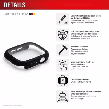 Displex 10H gehärtetes Glas für Apple Watch 11/10 (42mm), Ganzkörper-Hülle, IP68, Snap-On, schwarz matt