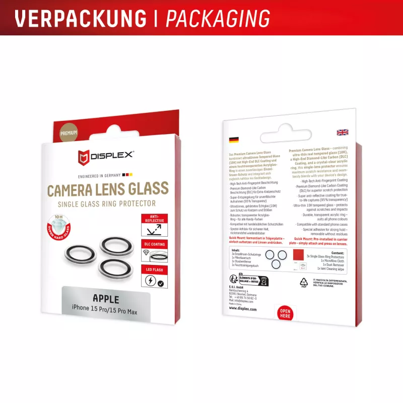 Displex Premium Kameraglas, iPhone 15 Pro/15 Pro Max, 10H, Einzelringe, DLC, transparent, Schnellmontage