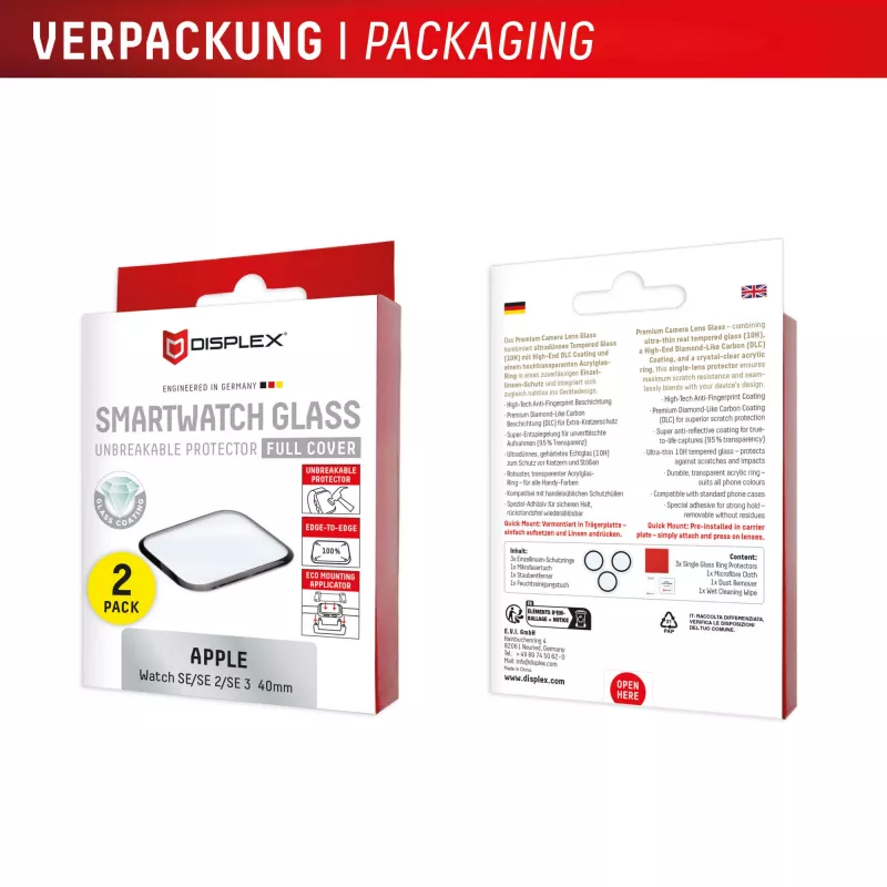 Displex Unzerbrechlicher Vollabdeckungs-Schutzglas Apple Watch SE3/SE2/SE (40mm), 2er-Pack, Ultra-Dünn, Randlos, Eco Mount