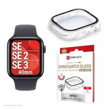 Displex 10H Temperglas für Apple Watch SE3/SE2/SE (40 mm), Full-Body-Hülle, IP68, Snap-On, transparent