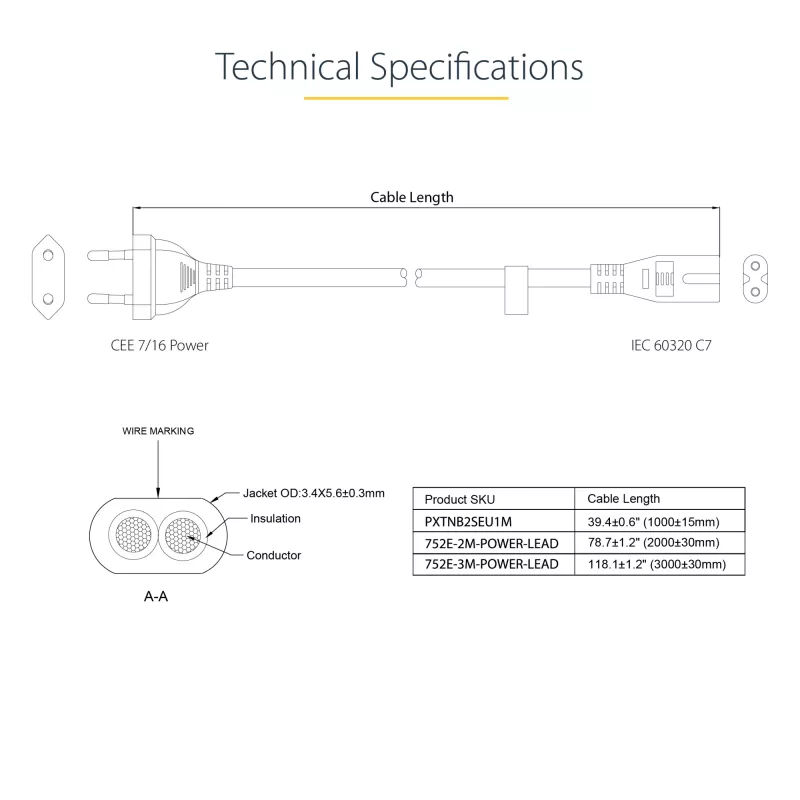 StarTech.com 2 m Laptop-Netzkabel, EU-Stecker auf C7, 2,5 A 250 V