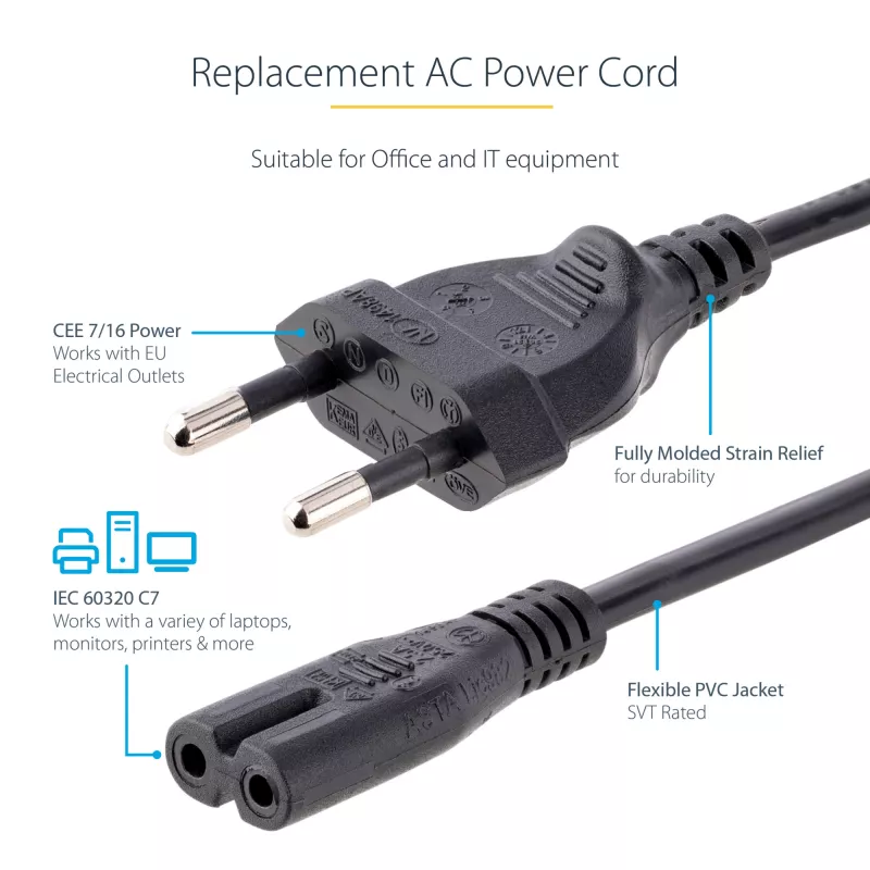 StarTech.com 2 m Laptop-Netzkabel, EU-Stecker auf C7, 2,5 A 250 V