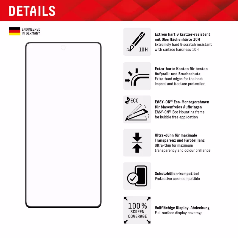Displex Full Cover Displayschutzfolie (10H) für Google Pixel 7 Pro, Eco-Montagerahmen, Vollflächig