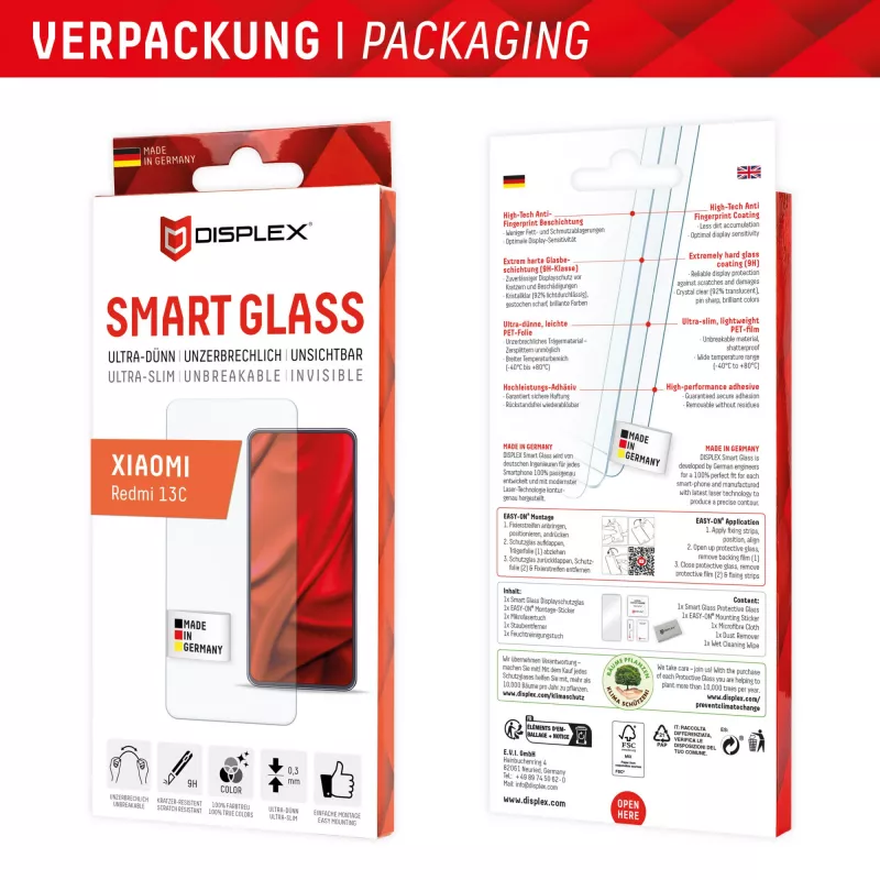 Displex Smart Glass (9H) für Xiaomi Redmi 13C, Montageaufkleber, unzerbrechlich