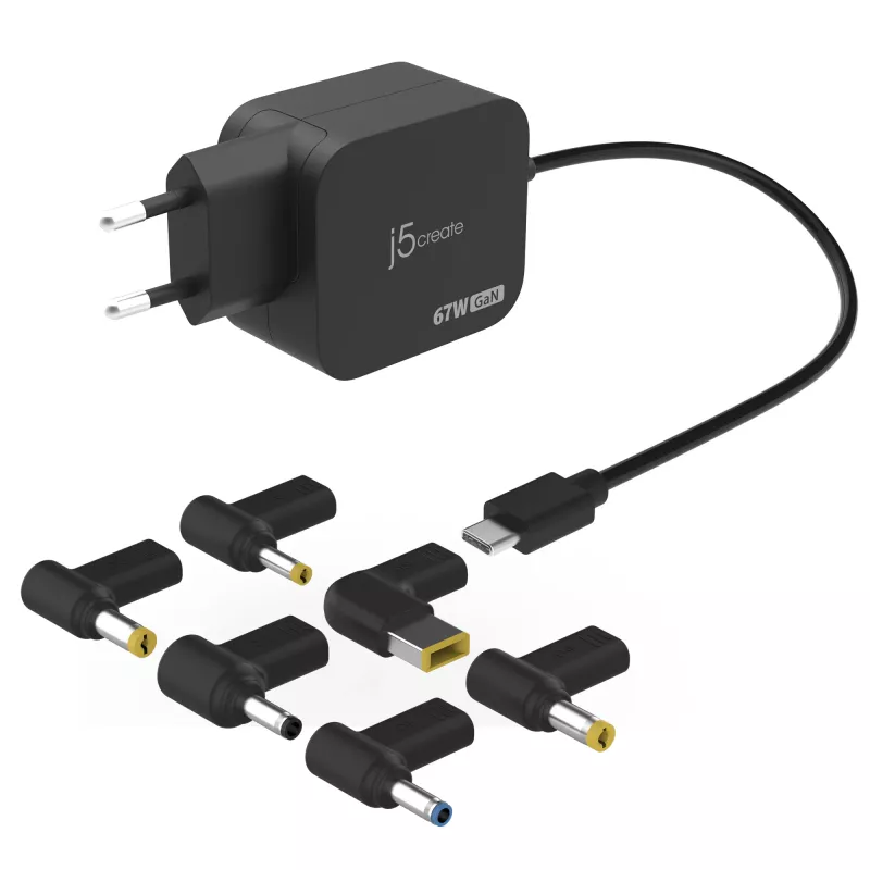 j5create JUP1565DC 67W GaN PD USB-C® Mini-Ladegerät mit 6 Arten von DC-Steckern – EU, Schwarz