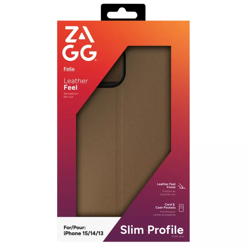 ZAGG 702314850 Folio Flip-Hülle für Apple iPhone 16e/15/14/13, Kunstleder, braun