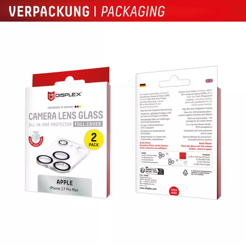 Displex Full Cover Kameralinsen-Schutzglas iPhone 17 Pro Max, 10H, Kompletter Kameraschutz, Schnellmontage, 2er-Pack