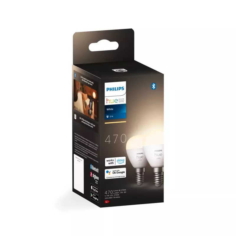 Philips Hue White E14 Luster LED-Lampe, P45, 5,7 W, 470 lm (2 Stück)