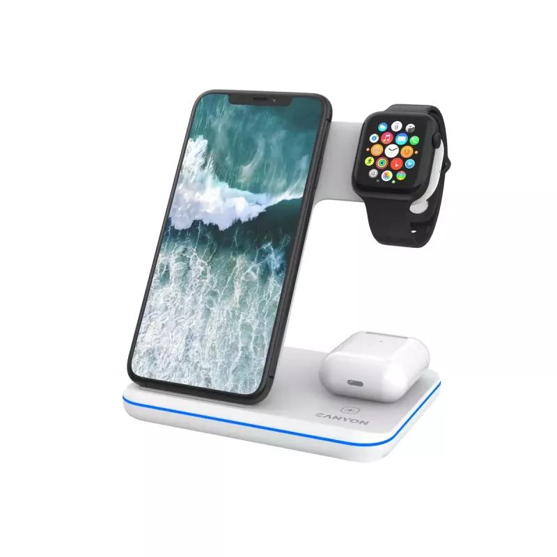 CANYON WS-303 3-in-1 Qi-Wireless-Ladestation, 15 W, Weiß (CNS-WCS303W)