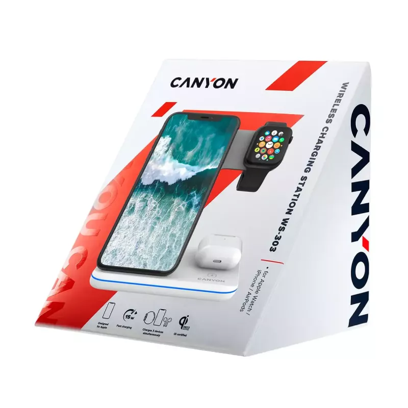 CANYON WS-303 3-in-1 Qi-Wireless-Ladestation, 15 W, Weiß (CNS-WCS303W)