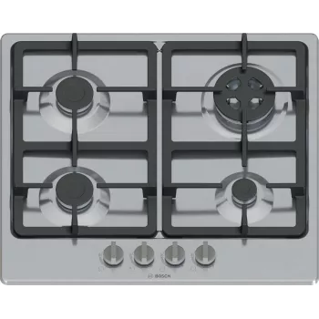 Einbau-Gaskochfeld Bosch Serie 4 PGH6B5K90, 4-Zonen Edelstahl, 60 cm, Drehregler, Wokbrenner