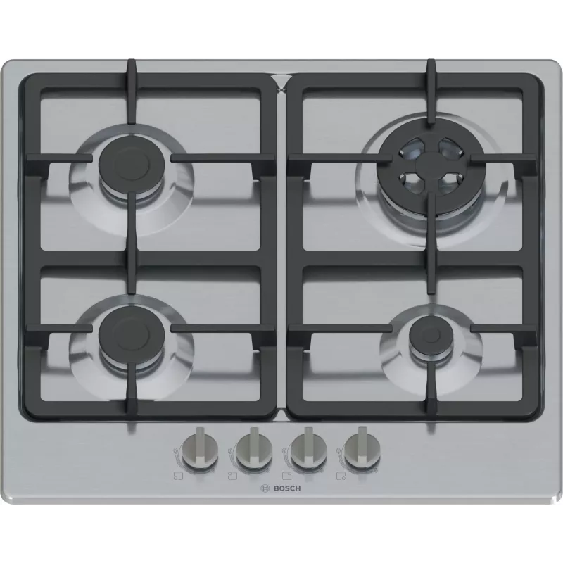 Einbau-Gaskochfeld Bosch Serie 4 PGH6B5K90, 4-Zonen Edelstahl, 60 cm, Drehregler, Wokbrenner