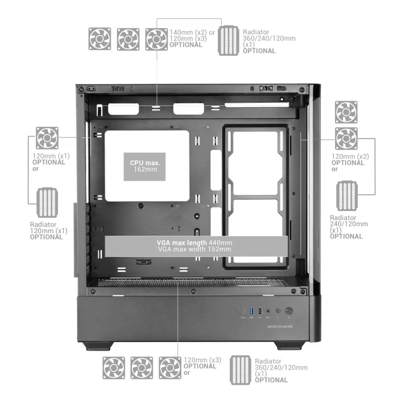 PC-Gehäuse TACENS Mars Gaming MCLCDPRO Midi Tower – Schwarz, IPS 7,2 Zoll Display, Netzteil unten, ATX/Micro‑ATX/Mini‑ITX Unterstützung