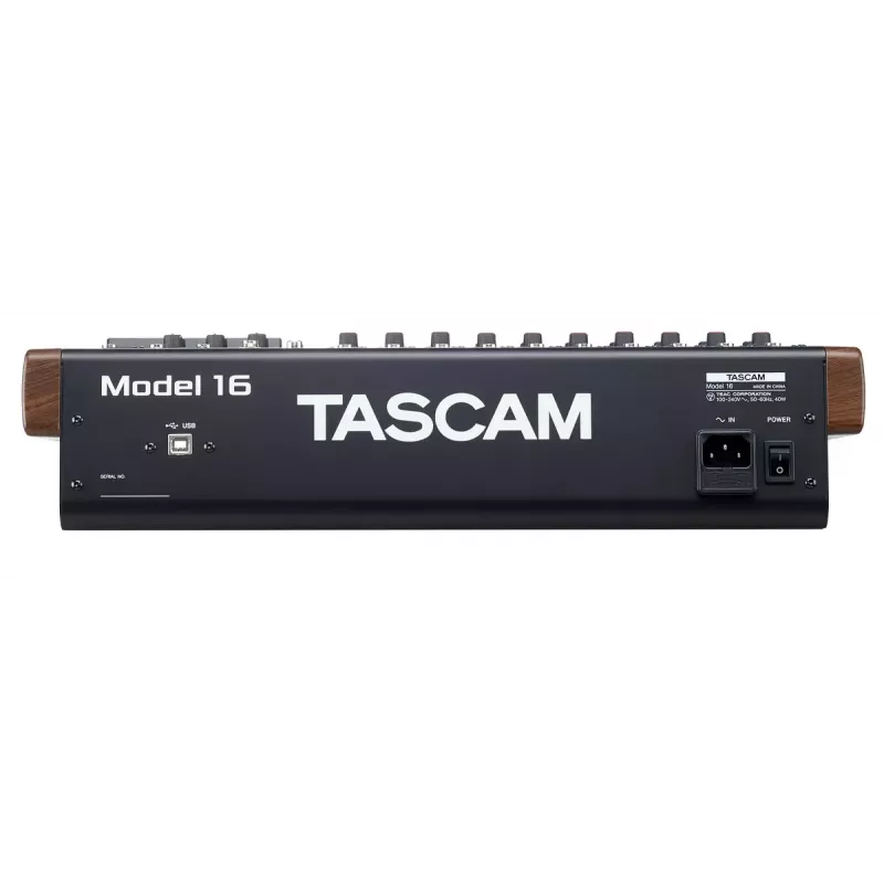 Tascam Model 16 Audiomixer, 16 Kanäle, digitaler 16-Spur-Recorder, 20-30000 Hz, Schwarz/Gold/Holz