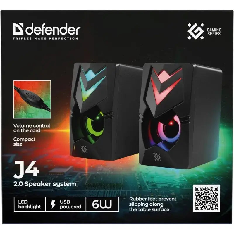 PC-Lautsprecher DEFENDER J4 2.0 6W LED USB, 3,5 mm, 90–20000 Hz, schwarz