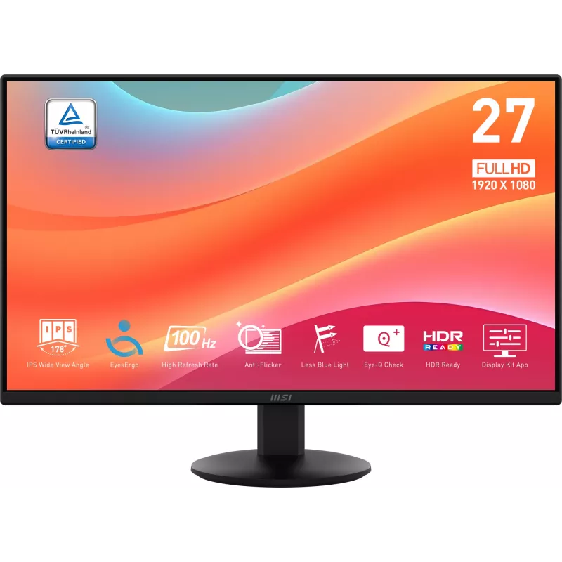 MSI PRO MP272L Monitor, 27 Zoll (68,6 cm), 1920 x 1080 Full HD, 16:9, 100 Hz, 1 ms, HDMI, DisplayPort, matt, schwarz
