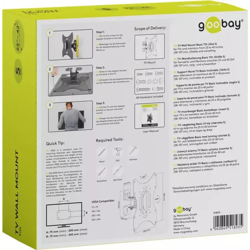 Goobay TV EasyFlex M Wandhalterung mit Neigefunktion, Schwarz (51893)