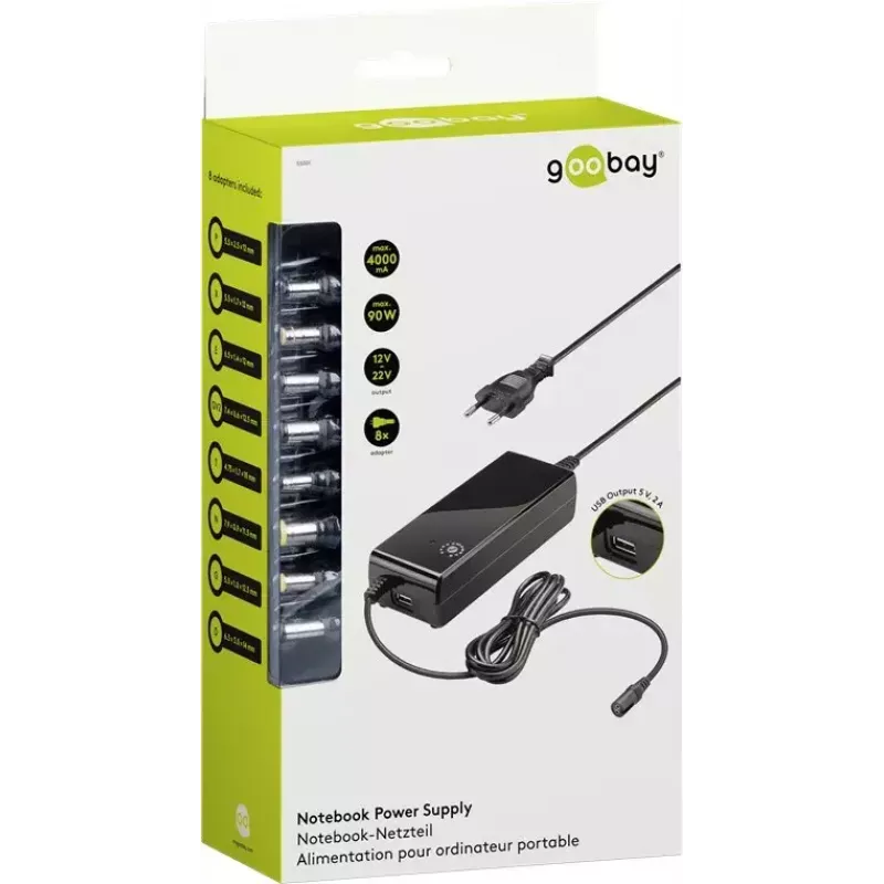 Goobay 81 W Notebook-Netzteil, Schwarz, 1,6 m, inkl. USB und 8 DC-Adaptern