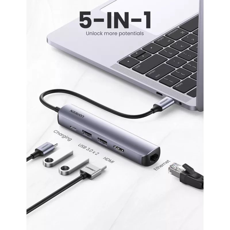 Ugreen CM418 10919 5-in-1 USB-C Hub, HDMI 4K 30 Hz, Ethernet, USB 3.0, Power Delivery, Aluminium, Grau