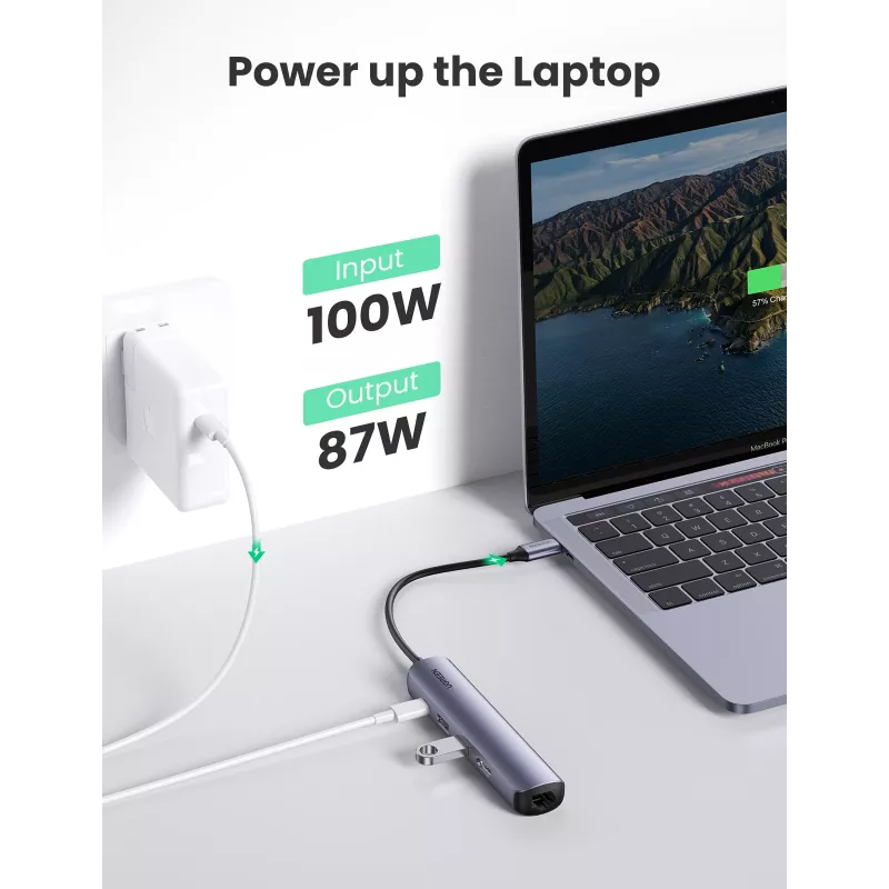 Ugreen CM418 10919 5-in-1 USB-C Hub, HDMI 4K 30 Hz, Ethernet, USB 3.0, Power Delivery, Aluminium, Grau