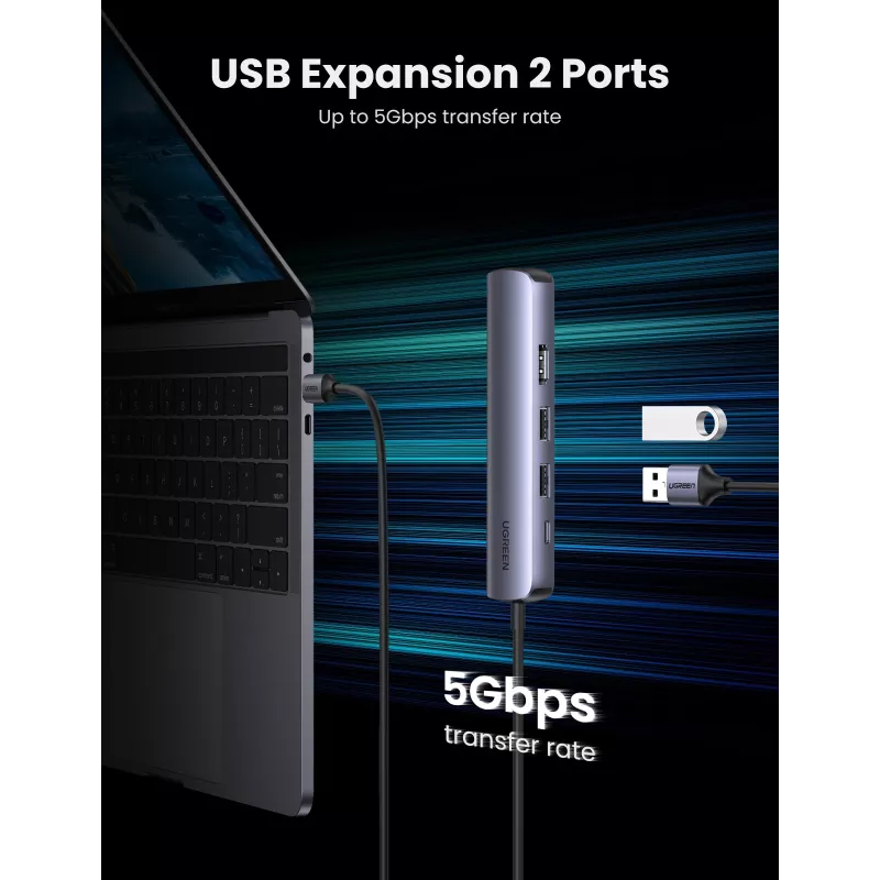 Ugreen CM418 10919 5-in-1 USB-C Hub, HDMI 4K 30 Hz, Ethernet, USB 3.0, Power Delivery, Aluminium, Grau
