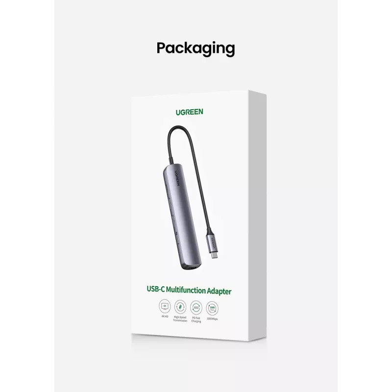 Ugreen CM418 10919 5-in-1 USB-C Hub, HDMI 4K 30 Hz, Ethernet, USB 3.0, Power Delivery, Aluminium, Grau