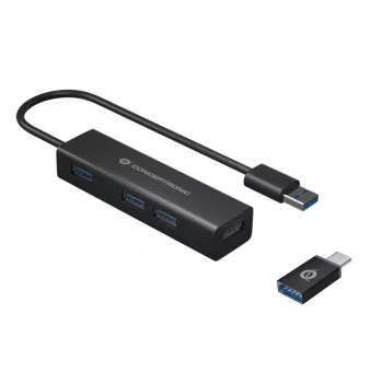 Conceptronic 4-Port USB 3.0 Aluminium Hub mit USB-C zu USB-A Adapter